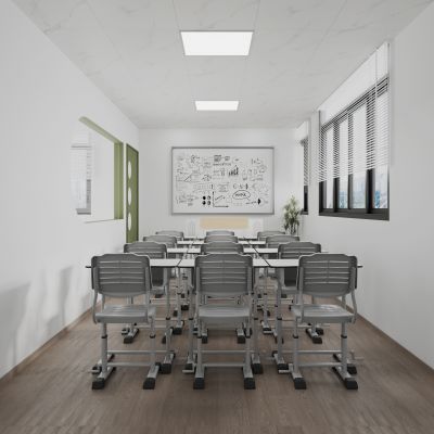 多媒体教室托管教室 课桌椅可调节 黑板白板讲台 植物盆栽