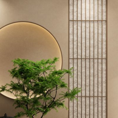 新中式 禅意 造景 小洞天 月亮门 实木格栅 杜邦纸 玄关