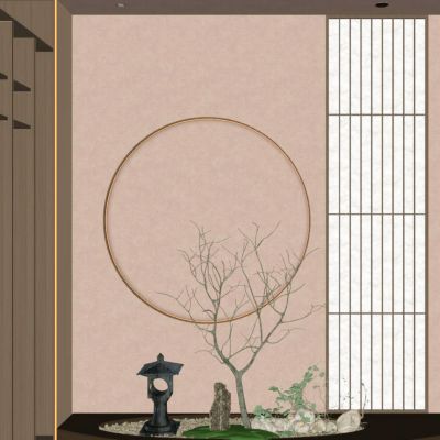 新中式 禅意 造景 小洞天 月亮门 实木格栅 杜邦纸 玄关