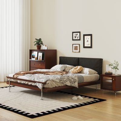 实木床头柜 中古风双人床  双人床 储物柜