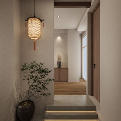 新中式 诧寂风 禅意 宫灯 花瓶 入户隔断 玄关