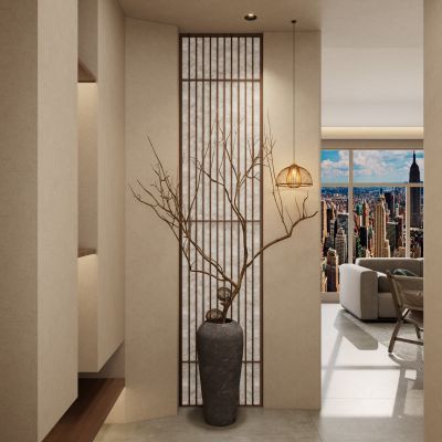 诧寂 奶油 中古风 禅意 花瓶 实木格栅 入户隔断 玄关