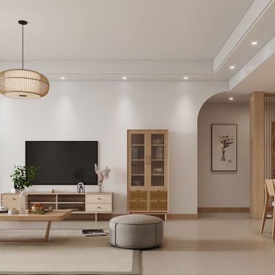 日式原木风客厅餐厅 沙发 餐厅 酒柜 鞋柜 装饰画