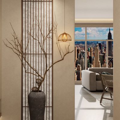 诧寂 奶油 中古风 禅意 花瓶 实木格栅 入户隔断 玄关