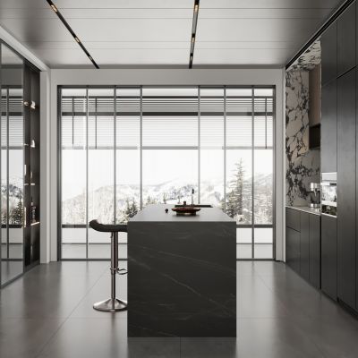 现代意式开放式厨房 吧台椅3D模型