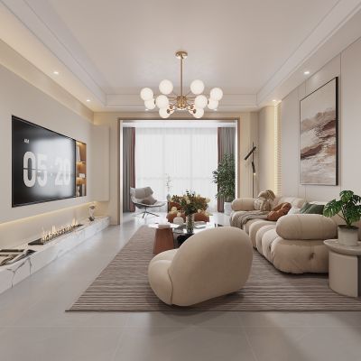 现代奶油风客厅餐厅 沙发 餐厅 酒柜 鞋柜 装饰画