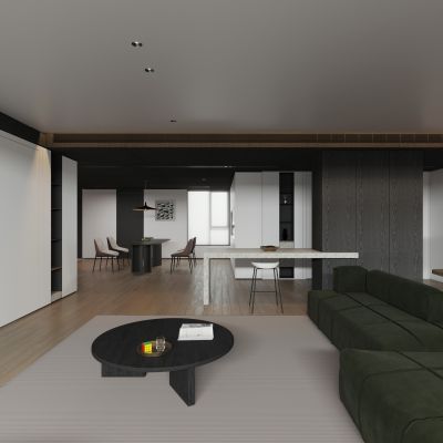 现代极简客餐厅 横厅 大平层 黑白客餐厅