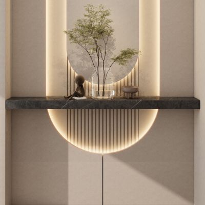 奶油 简约 中古风 弧形灯带 雕塑 花瓶 入户隔断 玄关