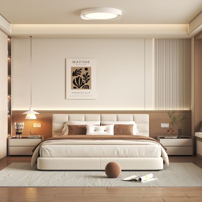 现代奶油风卧室 双人床 衣柜吸顶灯