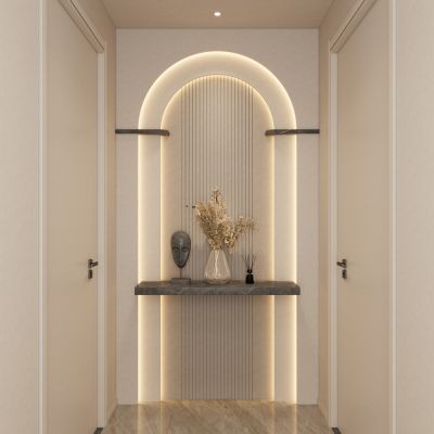 奶油 简约 中古风 弧形灯带 雕塑 花瓶 走廊端景 玄关