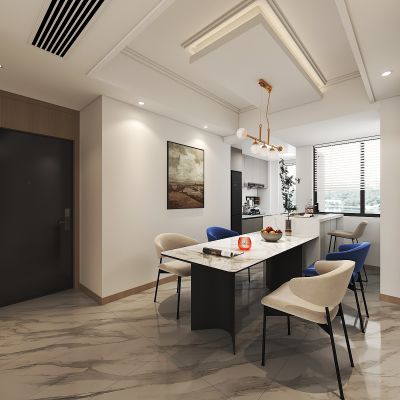 现代客餐厅 沙发茶几组合 岛台餐桌椅组合 吊灯厨房 