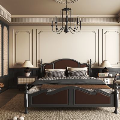 中古风卧室 衣柜 双人床