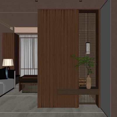 新中式 中古风 实木格栅 骨骼线 宫灯 入户隔断  玄关