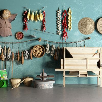 现代农家 玉米 辣椒 石磨 腊肉