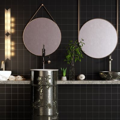 中式洗手台 台上盆 柱盆 镜子