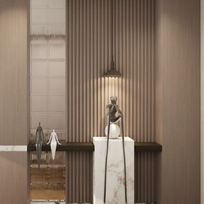 奶油 中古风 格栅板 玻璃砖 透景 入户隔断 玄关