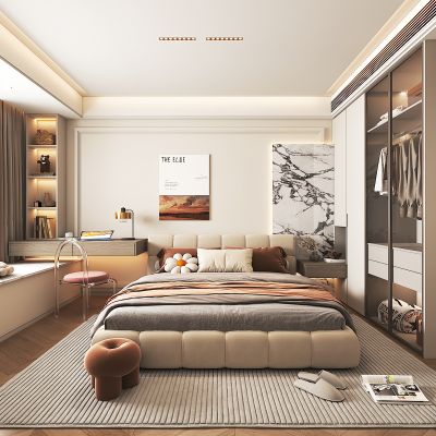 现代卧室 双人床 衣柜 书桌椅