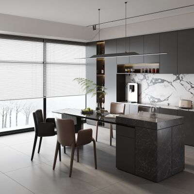 现代暗黑风餐厅 岛台餐厅 开放式餐厅 现代岛台餐桌椅