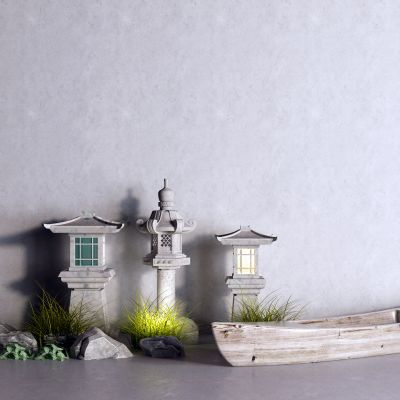 中式石灯笼 户外灯 独木舟 石头