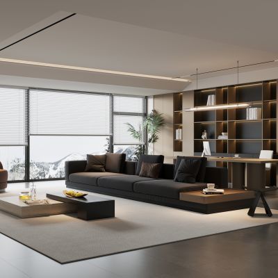 现代意式家居客厅 横厅 无主灯客厅 大平层客厅 客厅书房一体