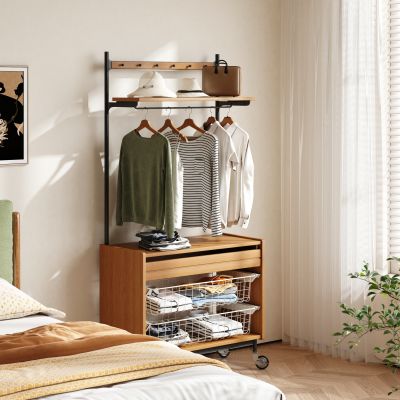 现代原木风落地移动衣帽架 挂衣架3D模型