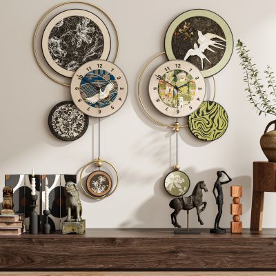 现代新中式侘寂中古风钟表挂画装饰画组合