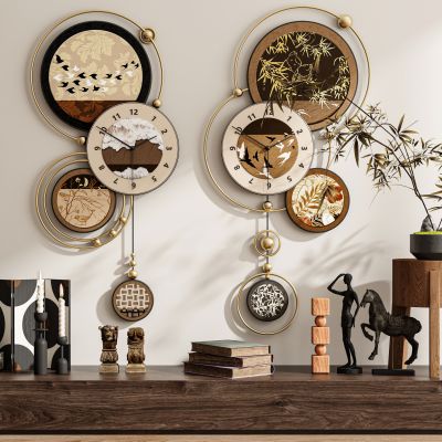 现代新中式侘寂中古风钟表挂画装饰画组合