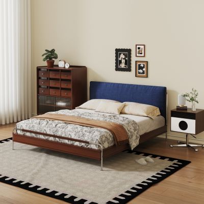 现代中古双人床 实木床 床头柜 储物柜