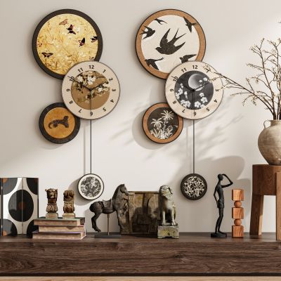 现代新中式侘寂中古风钟表挂画装饰画组合