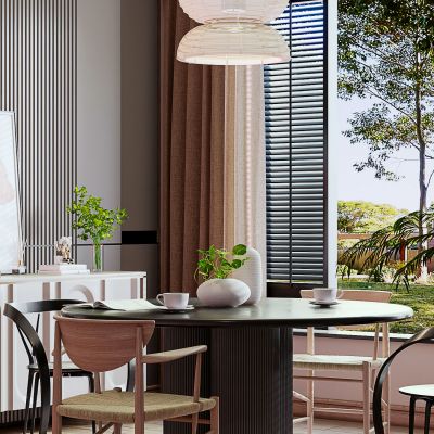 现代餐厅圆桌餐桌餐椅组合吊灯边柜