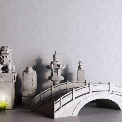 中式石狮子 石桥 石灯