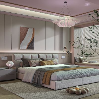 现代家居卧室双人床床头柜吊灯组合