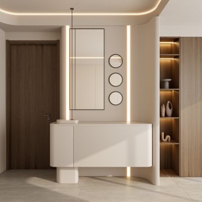 奶油 中古风 悬浮顶 骨骼线 弧形 灯带 端景 玄关