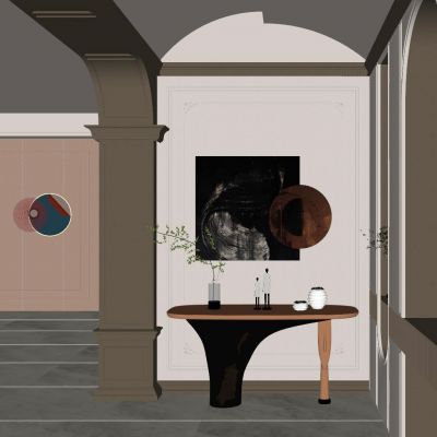 法式 中古风 罗马柱 石膏线 角花 弧形鞋柜 入户端景 玄关