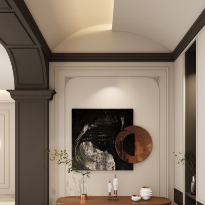 法式 中古风 罗马柱 石膏线 角花 弧形鞋柜 入户端景 玄关