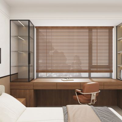 现代卧室，现代书桌，隔夜衣，衣柜