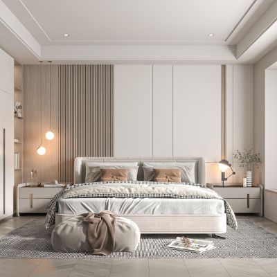 现代简约风格主卧奶油风卧室暖色调