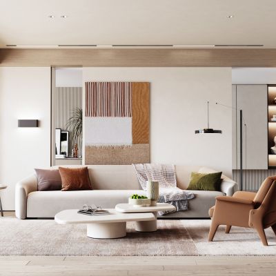 现代简约客餐厅奶油风客厅暖色调