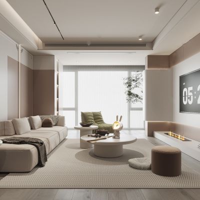 现代简约客厅奶油风客餐厅暖色调