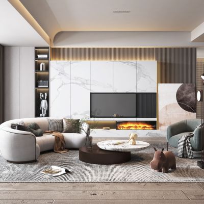 现代简约风格客餐厅轻奢客厅暖色调