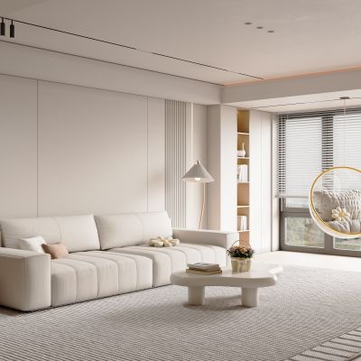 现代奶油风客厅 客厅沙发组合 客厅阳台吊椅