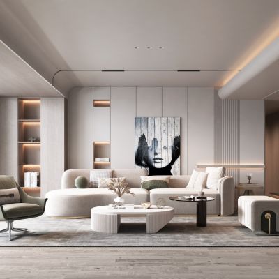 现代简约风格客餐厅轻奢客厅暖色调