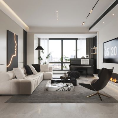 现代轻奢风客餐厅极简客厅黑白灰色调