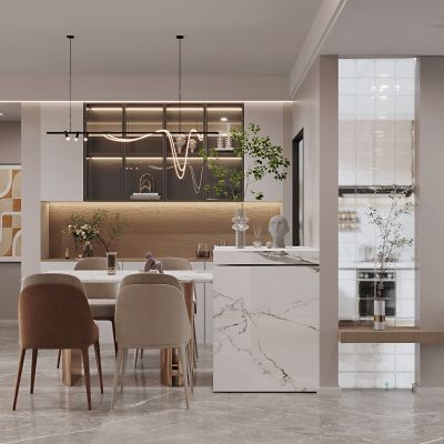 现代简约客餐厅奶油风客厅暖色调