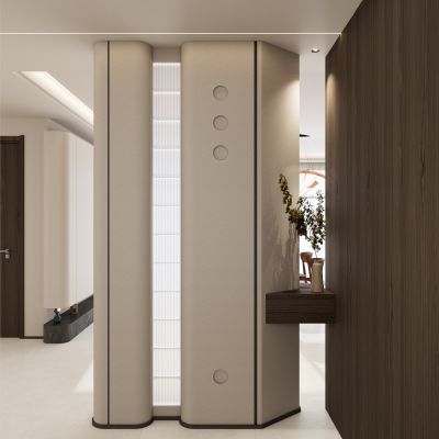 意式 奶油 中古风 玻璃砖 弧形柱 透景 入户端景 玄关