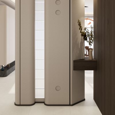 意式 奶油 中古风 玻璃砖 弧形柱 透景 入户端景 玄关