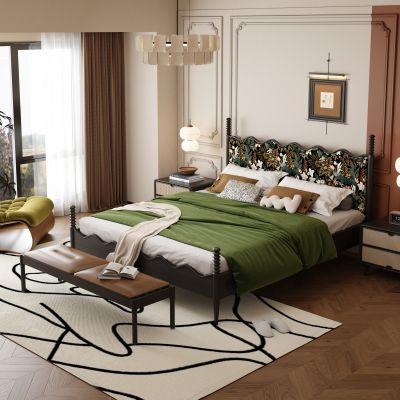 法式中古风实木双人床 床头柜