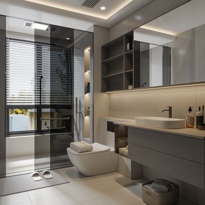 现代卫生间 浴室柜 洗脸盆 镜柜 马桶 淋浴房