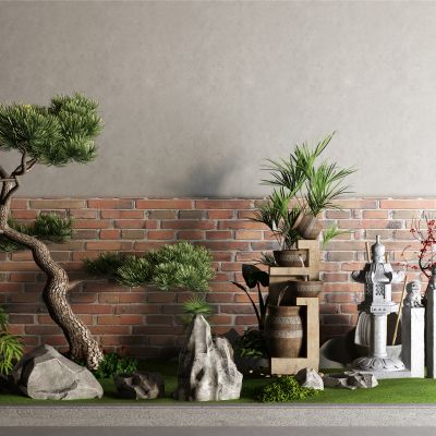 中式松树 红砖 景观树 景观小品 流水 石灯笼