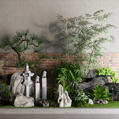 中式松树 红砖 景观树 景观小品 流水 石灯笼